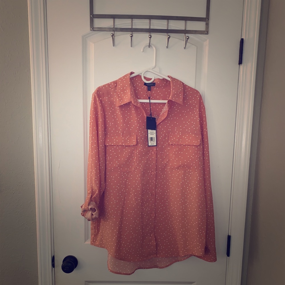 Coral Polka Dot Button Down Blouse